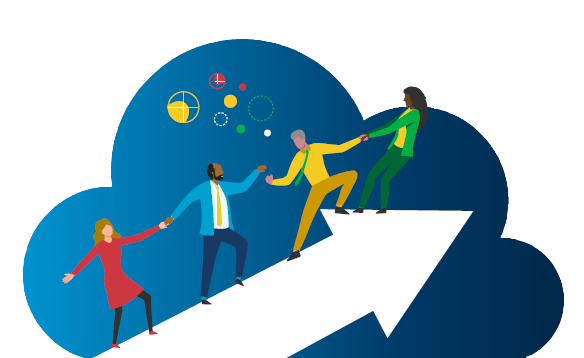 Level up illustration with people climbing up the arrow
