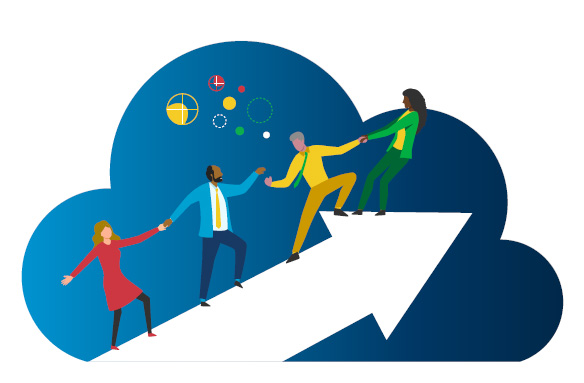 People climbing up an arrow to demonstrate the concept of leveling up